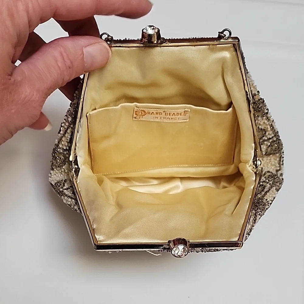 Elegant Beaded Clutch in Cream and Brown